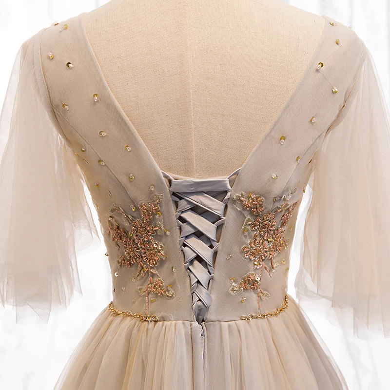 Vestidos De Gala, ТРАПЕЦИЕВИДНОЕ ПЛАТЬЕ цвета шампанского для выпускного вечера, длинное кружевное с аппликацией из бусин платье для выпускного вечера с рукавом средней длины и v-образным вырезом