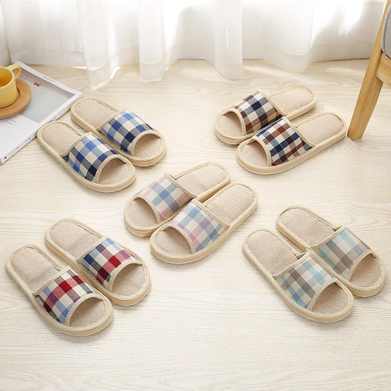 Striped Linen Four Season Indoor Slippers Women Cotton Non-slip Soft Bottom Home Wood Floor Sandals Couple Flip Flops Slides 4