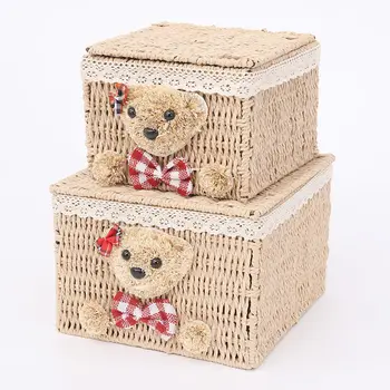 

2pcs Household willow rattan with cover dust storage box Cartoon Bear student dormitory clothing snack storage wicker baskets