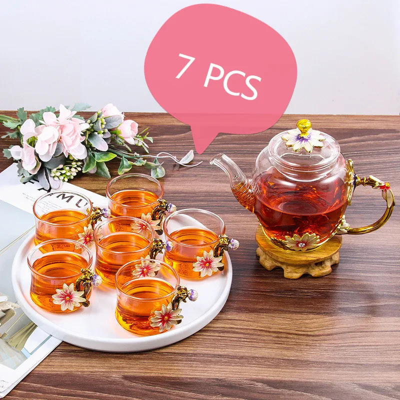 7PCS Enamel Kung Fu Tea Teapot Cup Outfit Heat-resistant Crystal Glass Cups High-end Business Gifts Water Set With Gift Box | Дом и сад