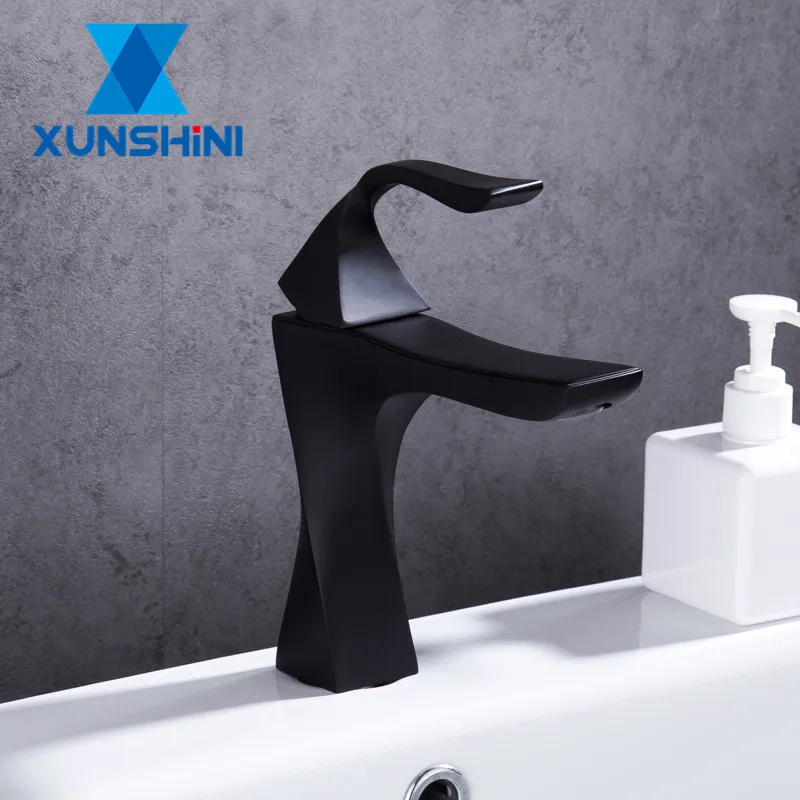 

XUNSHINI Bathroom Black Basin Faucet Single Handle Sink Faucet Hot Cold Water Mixer Tap Wash Basin Faucet Deck Mount
