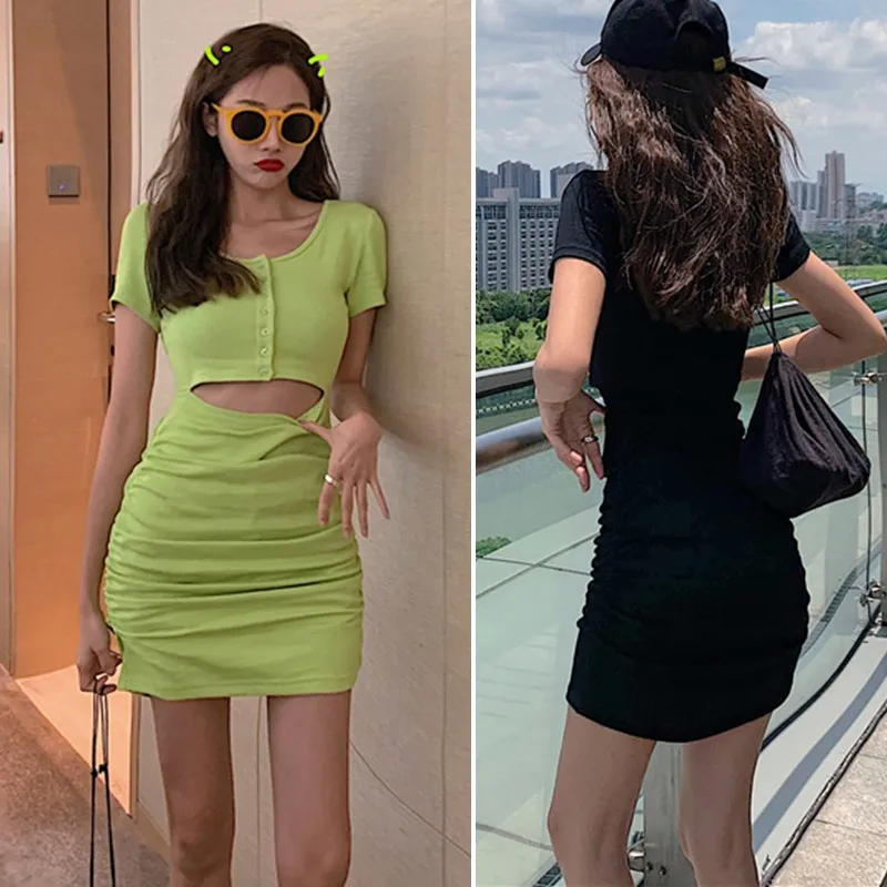 

Women's Summer Casual Slim Above Knee Mini Waist hip dress Hollow Out O Neck Short Sleeve Knitting Cotton Mini Dress