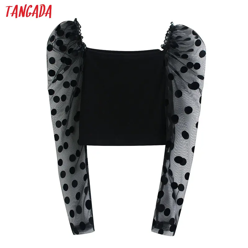 Tangada, Женская шикарная блузка в горошек, сетчатая, Лоскутная, с длинным рукавом, тянущиеся, черные рубашки, женские повседневные, шикарные, кроп-топы, blusas BE190