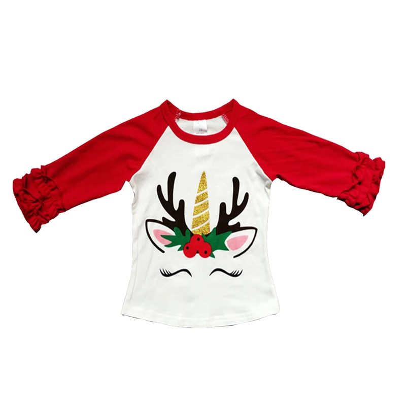 Осенние детские рождественские футболки реглан для маленьких девочек блузка с длинными рукавами и оборками, с героями мультфильмов, рубашка Модное детское платье для малышей на Рождество