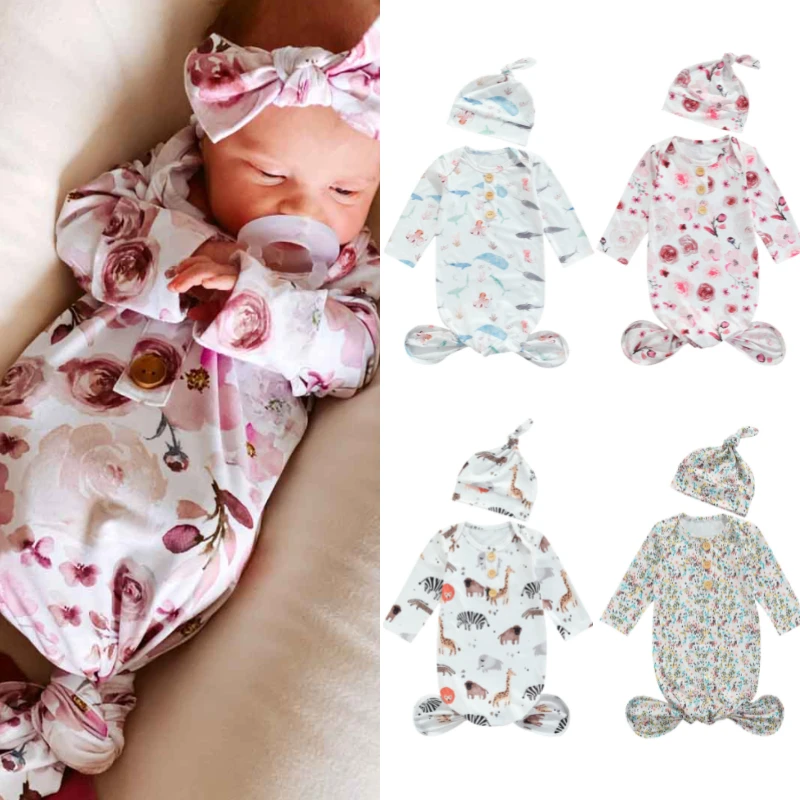 Newborn Baby Girls Sleeping Bags+Hats 2pcs Cartoon Patterns Print Round Neck Long Sleeve Sleepwear