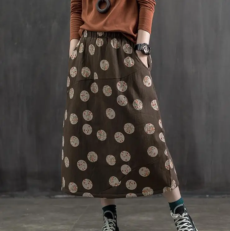 Женская юбка осень зима хлопок лен принт "горошек" теплый хлопок мягкий эластичный пояс большая винтажная Женская юбка YoYiKamomo - Цвет: coffee