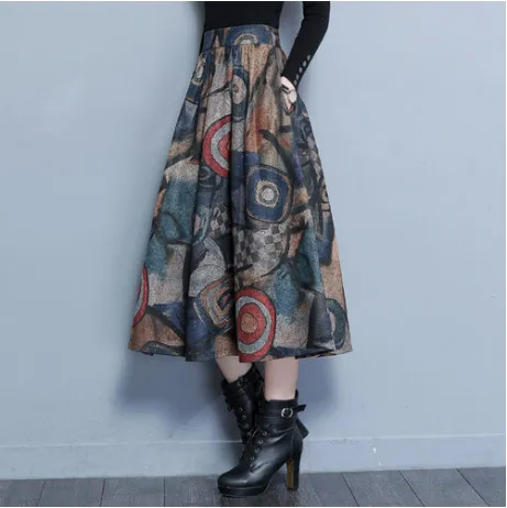 Уличная одежда размера плюс с высокой талией, винтажные юбки, новинка, осенне-зимняя одежда, элегантная одежда для офиса, бандажные шерстяные юбки с принтом, FW110