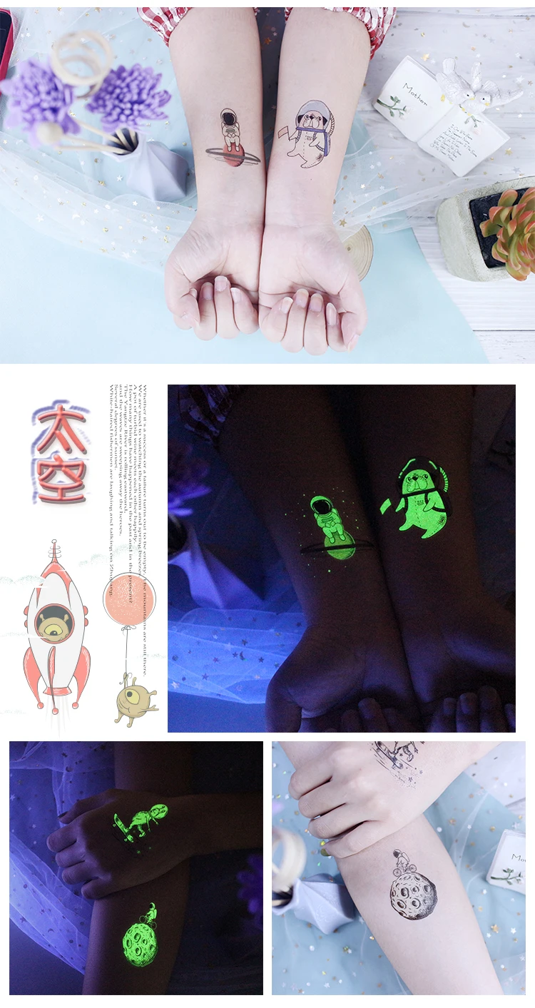 Rocooart маленькая татуировка светящиеся тату наклейки Мультяшные Космические Планеты поддельные татуировки для детей светящиеся водонепроницаемые временные татуировки