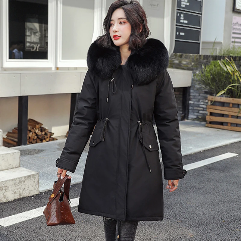 Меховые зимние пальто с капюшоном и хлопковой подкладкой, Женские однотонные куртки с карманами размера плюс, корейские женские модные утепленные парки