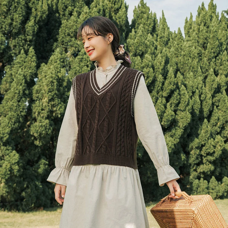

Old-Fashion Knitted Vest Women V-Neck Patchwork Color Sweater Jakcet Vintage Top