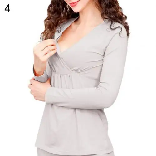 XL Grey Эластичная ткань удобная одежда для беременных Пижама для кормящих мам Комплект V образным вырезом с длинным рукавом для беременных Топ для кормления грудью брюки - Цвет: XL Grey