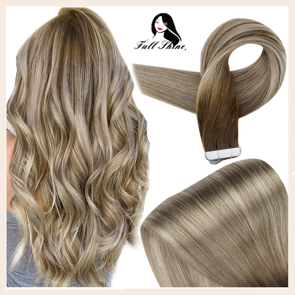 Cinta brillante para cabello, extensiones de cabello humano Real en Color Balayage 100%, 20 Uds., cinta sin costuras de 50g en máquina de cabello, hecho Remy