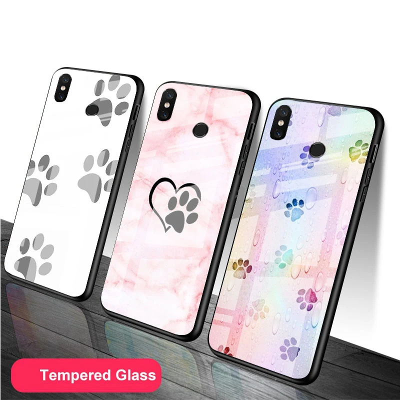 xiaomi leather case glass Chó Dấu Chân Paw Kính Cường Lực Điện Thoại Ốp Lưng Cho Redmi Note 5 6 7 8 9 Pro Note8T Note9S Redmi8 9 bao Da Vỏ xiaomi leather case hard