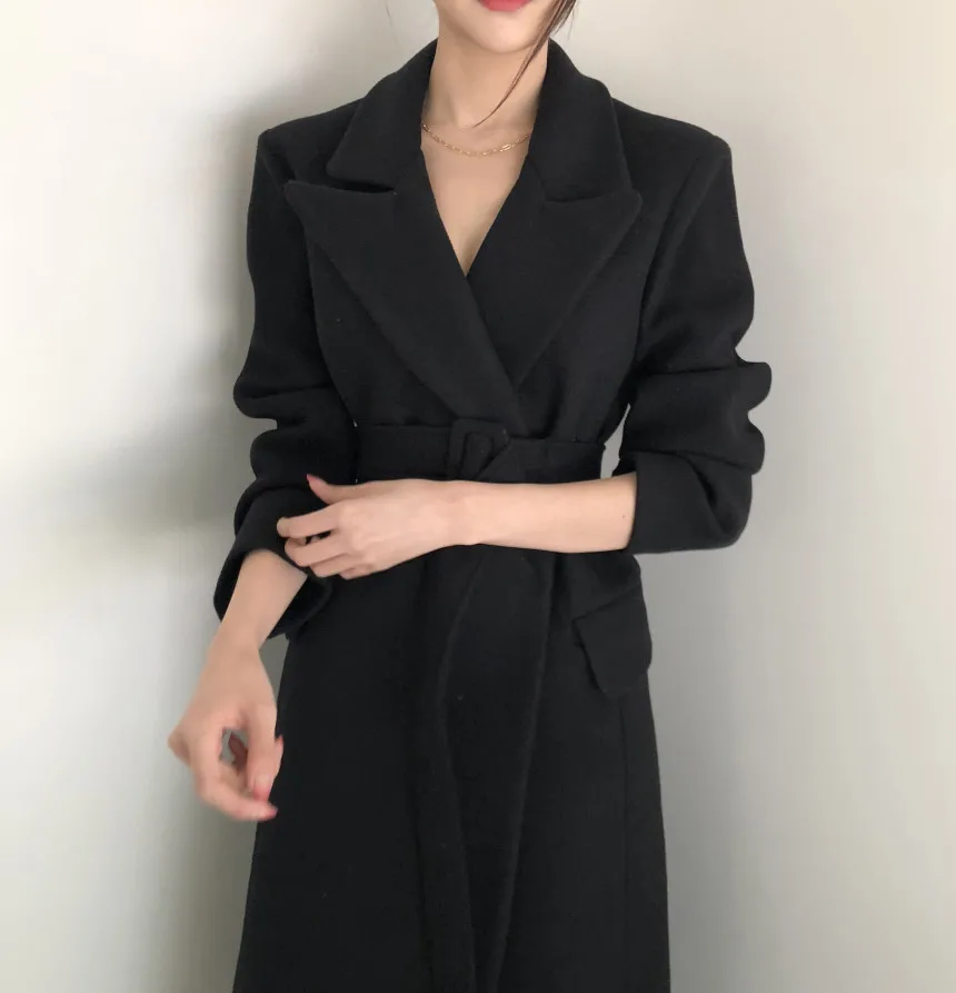 Модное однотонное женское длинное шерстяное пальто офисный женский узкий женский шерстяной жакет пояс пальто и куртка
