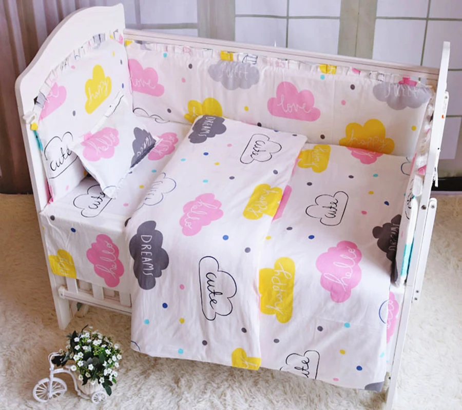 6pcs Детский комплект постельного белья из хлопка с принтом Колыбель для новорожденных защитный чехол детское постельное белье детская кроватка бампер простыня детская подушка чехол Комплект детской кровати - Цвет: 6pcs