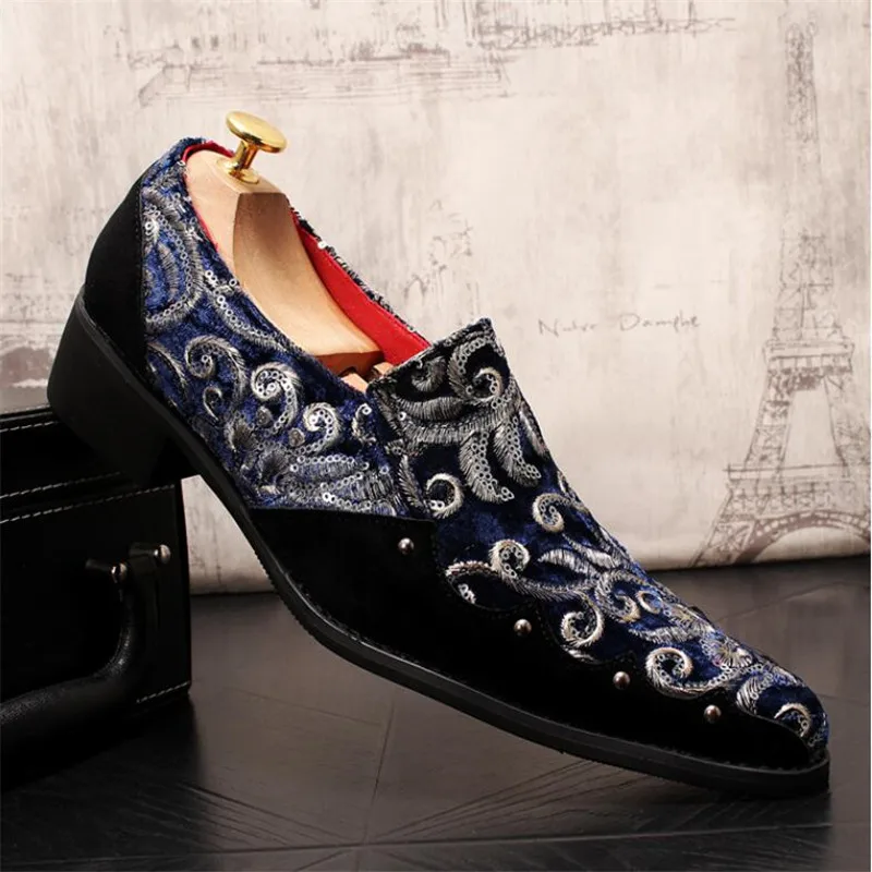 Men Exquisite Embroidery Leather Shoes Colorful Handmade Formal Wear Shoes Fashion Rivets Sequin Man Night club Casual Flats