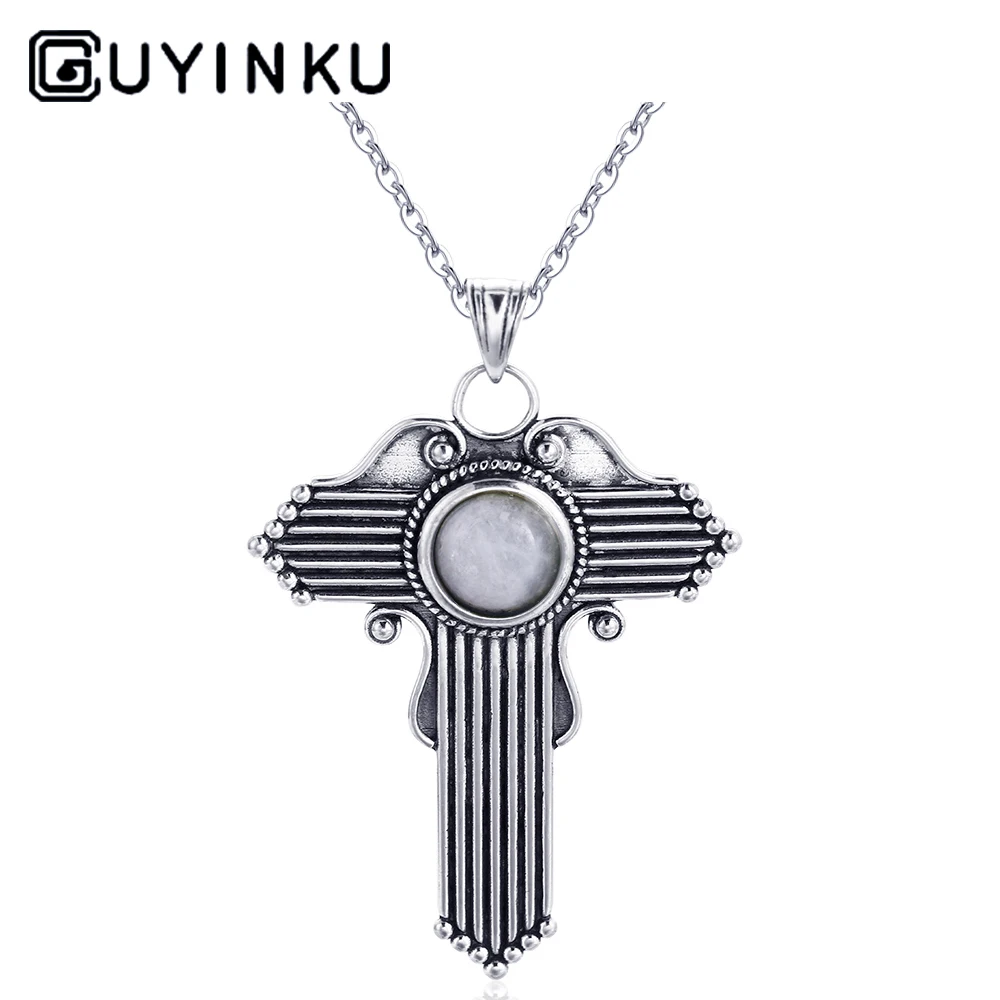 

GUYINKU Retro Genuine Pure 925 Sterling Silver Jewelry Pendant Necklace Cross Design Moonstone Pendant Party Gift for Women