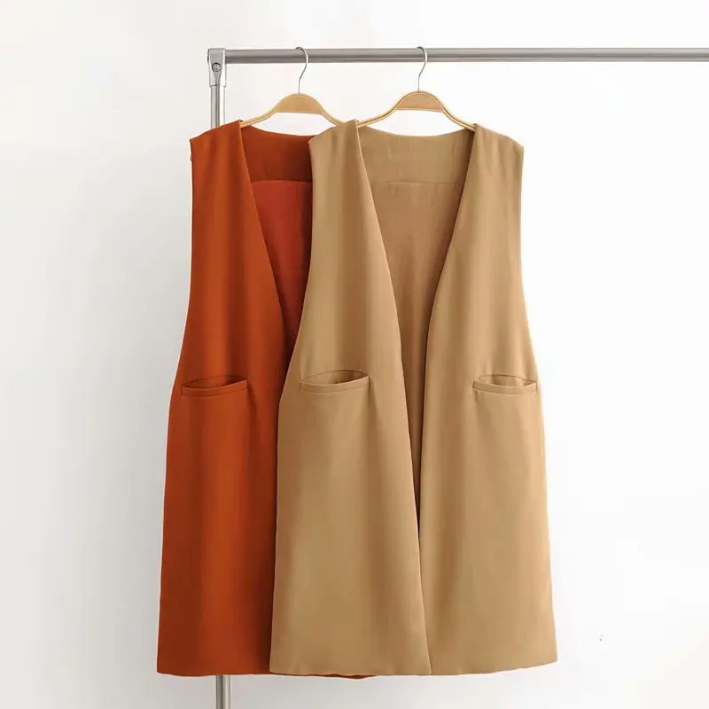 

Cardigan Waistcoat Women's Spring And Autumn Side Slit V-neck No Buckle Vest Waistcoat Slimming Vertical Pendant Middle Long Coa