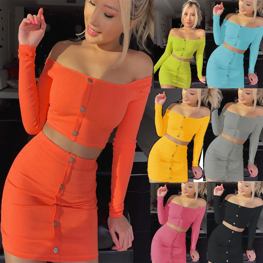 

2019 Autumn And Winter Hot Sales New Style with Buttons off-Shoulder Long Sleeve Short Skirt WOMEN'S Suit Hot Selling