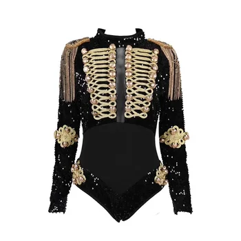 

2019 Black Fashion Tassel Sequin Bodysuits Autumn Long Sleeve Chic Button Appliques High Collar Bodycon Party Women Bodysuit
