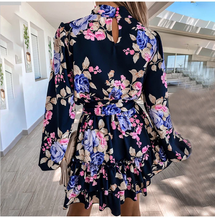 Southpire Navy Floral Print Loose Style Mini Dress Women Long Sleeve High Neck Party Dress Ladies Day Casual Clothes Spring 2022