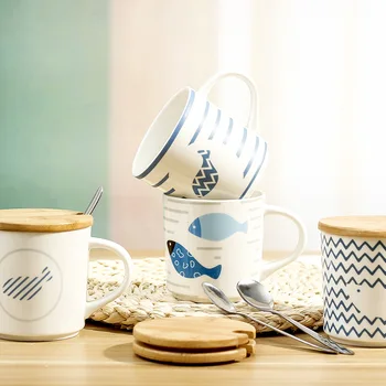 

Cartoon Fish Ceramic Mug Creative Coffee Cup with Wooden Lid Scoop Large Capacity Household Juice Milk Mugs Office Breakfast Cup