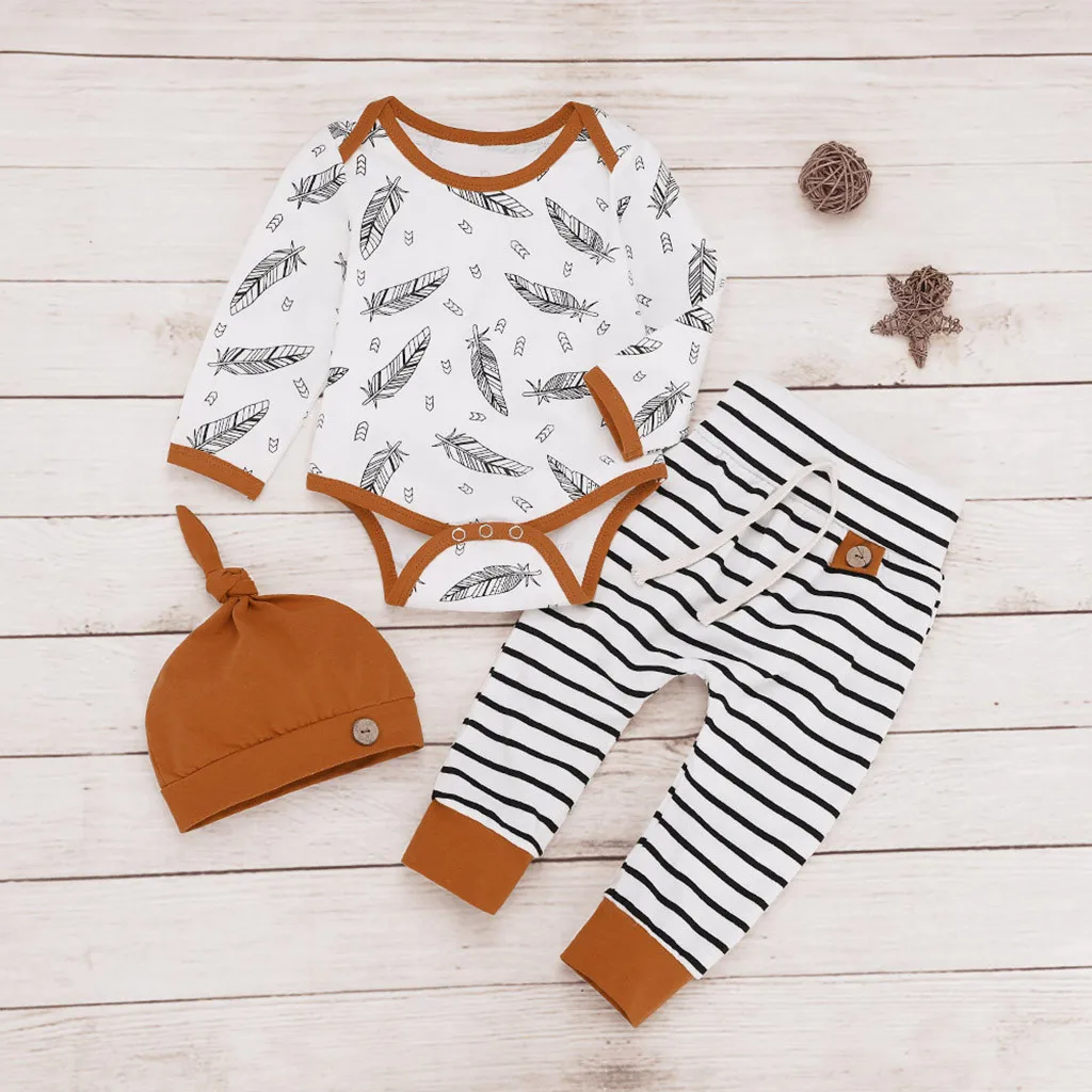 

0-18M unisex baby newborn winter clothes Feather Print Romper Bodysuit Striped Pants Hat Outfits Sets baby kleding meisje Q5