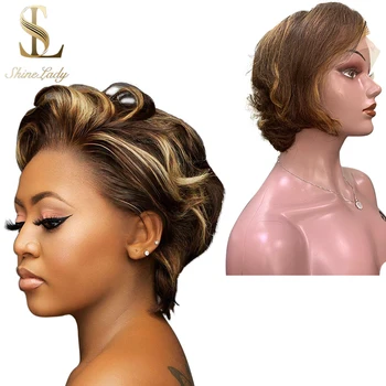 

Shinelady 13x5 Short Human Hair Lace Front Wigs Highlight 4/27# Side Parting Brazilian Remy Hair Short Lace Wigs For Summer Wear