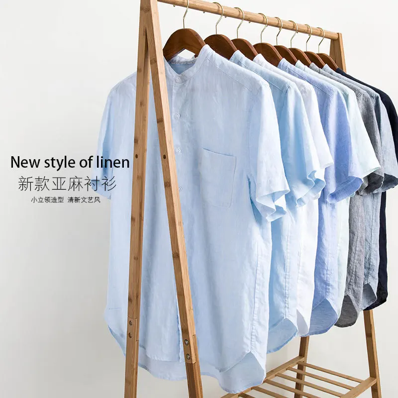 

Summer Flax Men Shirt Pure Flax Stand Collar Short Sleeve Cardigan Casual Shirt Men's 16