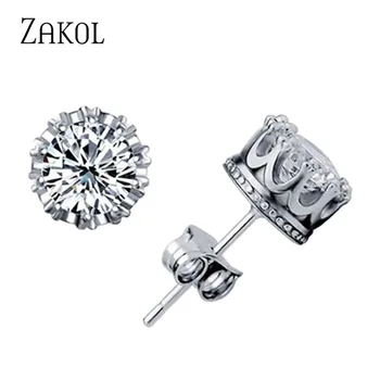 ZAKOL Fashion Jewelry Crown Women Classic Shining Zircon Small Stud Earrings Gold Color Ears Stud For Men Crystal Earring EP398