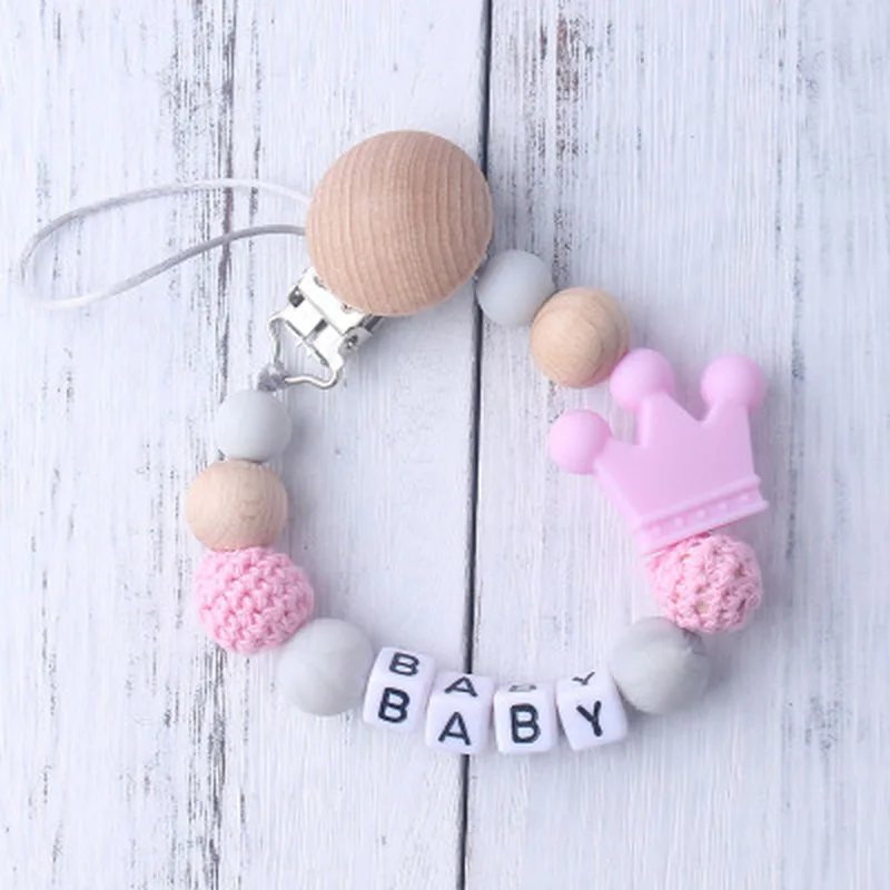 1pcs Pink Silicone Baby Pacifier Clips Crochet Beads Crown Chain Holder Shower Gift | Мать и ребенок