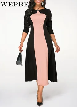 

WEPBEL Women Mid-Calf Vintage High Waist Long Sleeve O Neck Party Formal Dresses Spring Contrast Color Patchwork Casual Dresses