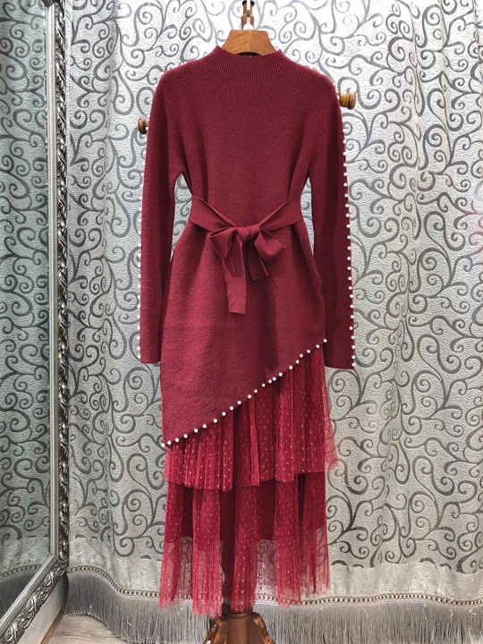 High Quality Designer Clothing Sets Autumn Sweater Suit Women Asymmetrical Pullovers+Cascading Ruffle Mesh Skirt Set 2pc