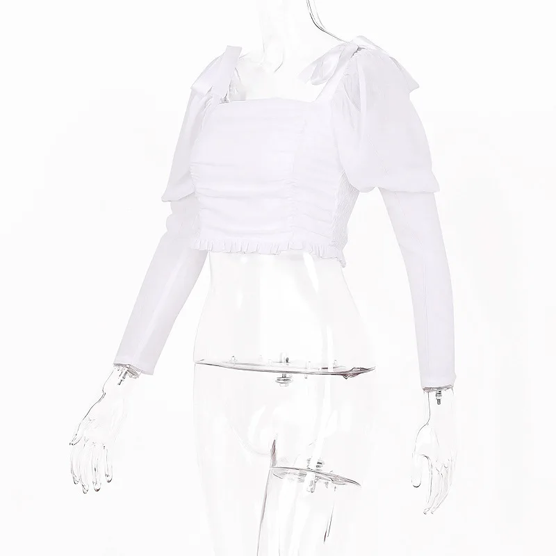 Сексуальный кроп Ruched Sheer Mesh Top женский галстук-бабочка с пышными рукавами тонкий короткий топ на бретелях белые оборки эластичные вечерние топы уличная