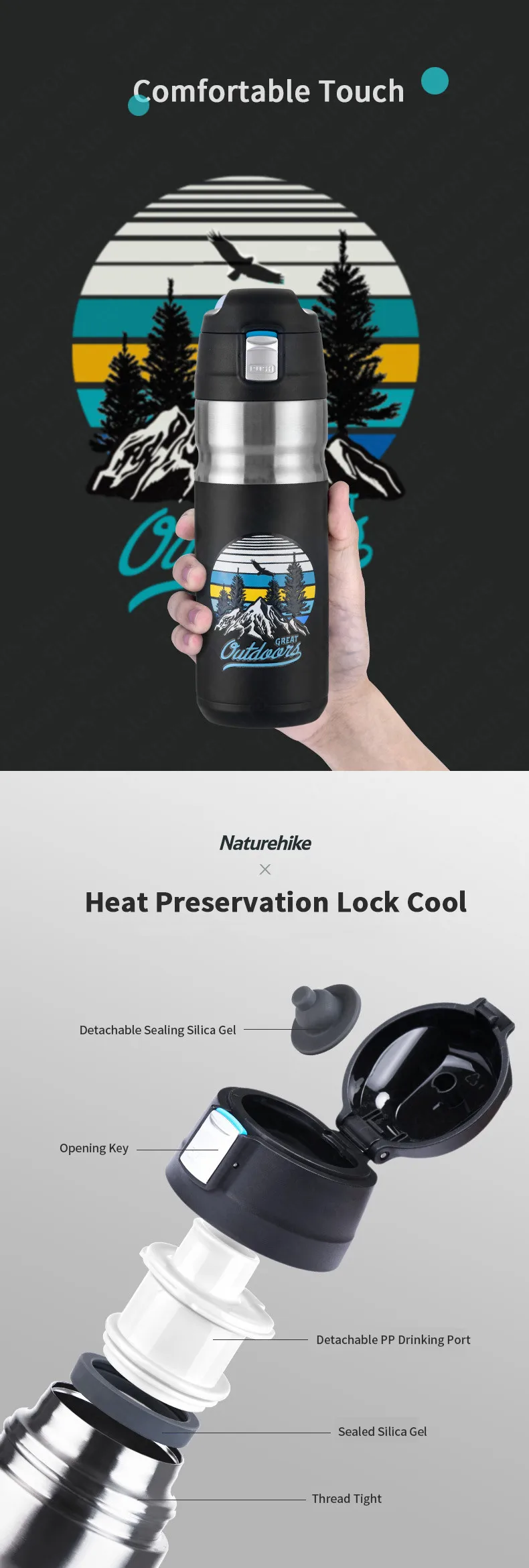 Naturehike из нержавеющей стали бутылка для воды отскок крышка чайник 24 часа изоляции цвет наклейки портативный тепловой чашки путешествия