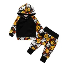 Детская одежда, комплект из 3 изделий, комплект одежды из 2 предметов для мальчиков и девочек с рисунком тыквы для Хэллоуина толстовки с капюшоном; комплекты футболка наряд брюки для девочек; зимняя одежда для детей ясельного возраста; для новорожденных корейская мода 19Ag
