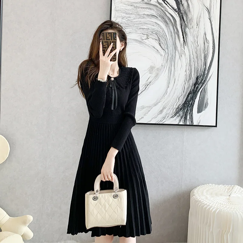 

Knitted Sweater Dress Women Autumn Winter Fashion Slim V Neck Bow Jacquard A Line High Waist Knitted Dresses Vestidos XC050