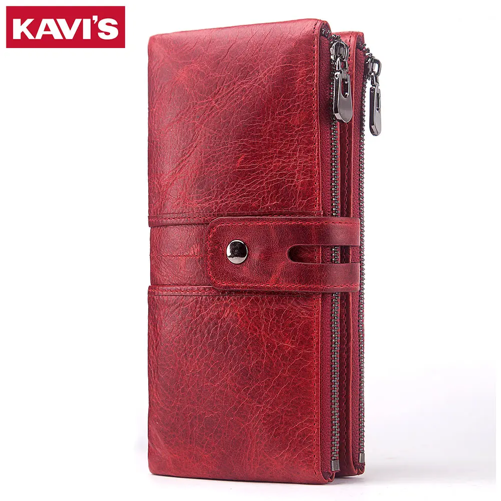 KAVIS Women's Wallet Genuine Leather Long Clutch with RFID Blocking Cards Holder Zip Coin Purse Large Capacity Cell Phone Bags