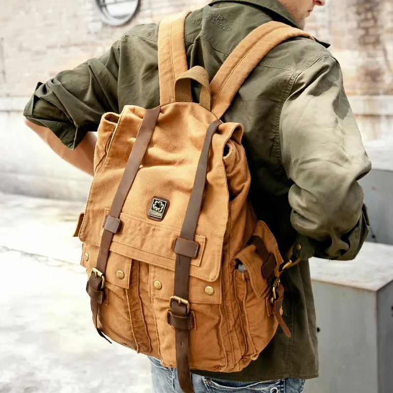 

Vintage Crazy horse Leather+Cotton Canvas Backpack Men Backpack male Rucksack Women Backpack Leather Bagpack knapsack School bag