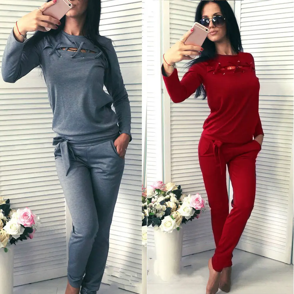 

Newly Fashion Spring Autumn Women 2 Piece Set Solid Color Long Sleeve Tops + Pants Bandage Ladies Girls Casual Sportswear IR-ing