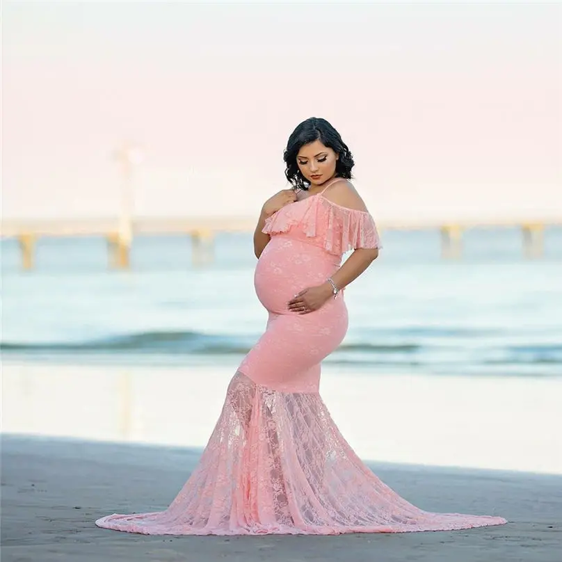 2019 New Women Pregnants Sexy Dress Photography Props Short Sleeve Maternity Solid Lace Long Dress Vestidos 4S18 (8)