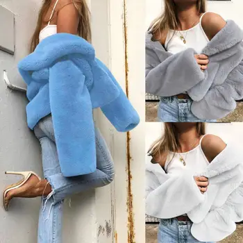 

Women Winter Solid Color Lapel Collar Buttons up Pockets Plush Warm Fleece Coat Cardigan Jacket