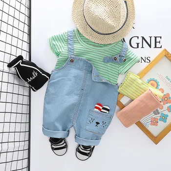 

Summer Baby Boys Clothing Sets Short Sleeve Striped T-shirt + Cartoon Denim Jeans Overalls Pants Kids Girls Casual 2Pcs Suits