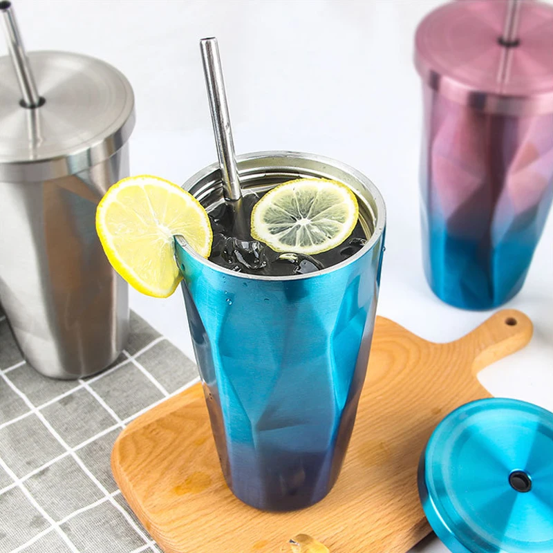

500ml New Creative 304 Stainless Steel Cup Insulated Travel Coffee Thermal Irregular Metal Summer Ice Cup Drinkwear With Sippy