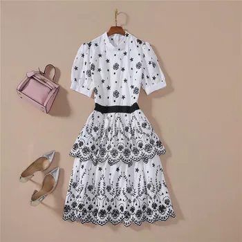 

Europe Fashion Summer Runway Dress High Quality Women Short Sleeve Elegant Hollow Embroidery Ruffle Cake Holiday Dress Vestidos