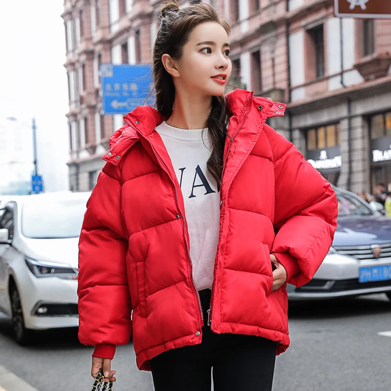 red MYDC теплая Женская одежда с длинным рукавом на молнии Новая модная зимняя куртка с капюшоном с хлопковой подкладкой пальто плотные парки - Цвет: red
