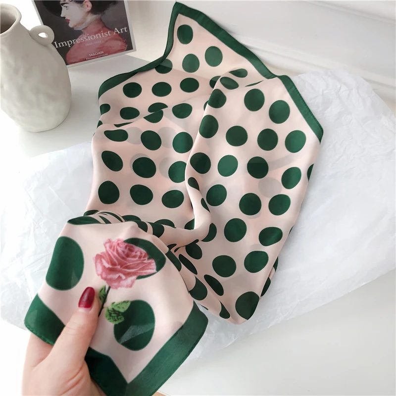 Luna&Dolphin Women Spring  Square Scarf 70X70CM Green Dot Rose Cartoon Chiffon Silk  Elegant Flower Camera Headband Hair Bandana 2