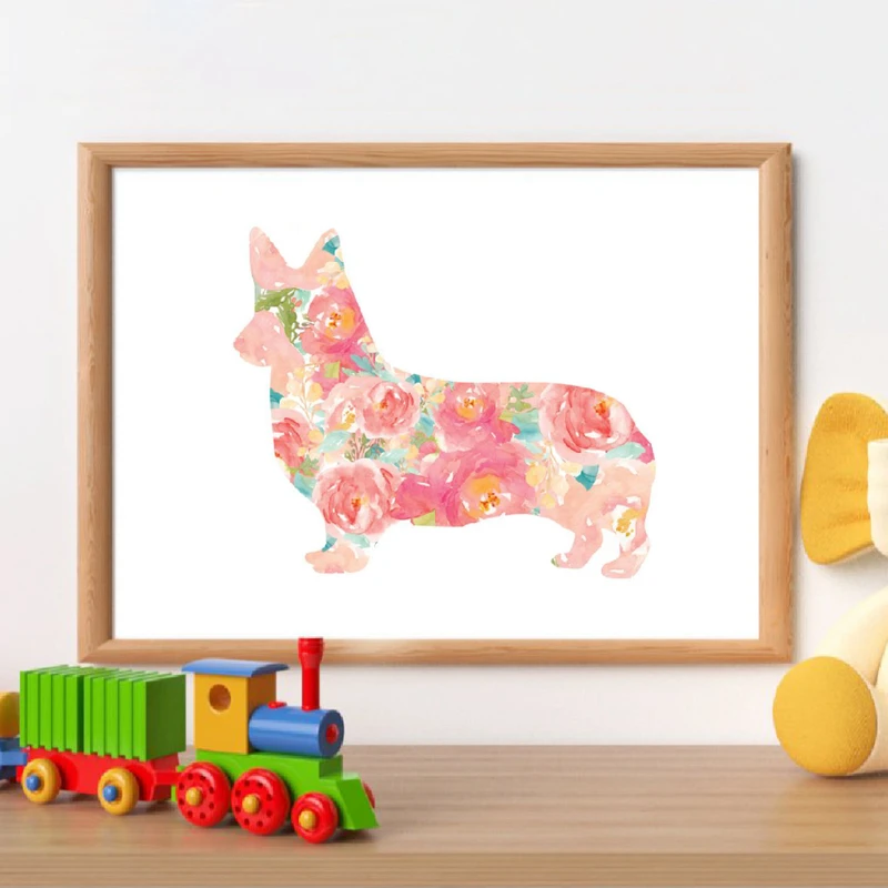 Corgi-Pet-Portrait-Watercolor-Floral-Canvas-Poster-Nursery-Wall-Art-Print-Painting-Corgi-Puppy-Dogs-Picture