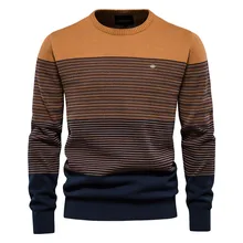 

Autumn Spring New Contrast Color Men's Sweater Slim Round Neck Stripe Fashion European Size Sweaters Pullover Casual Knittwear
