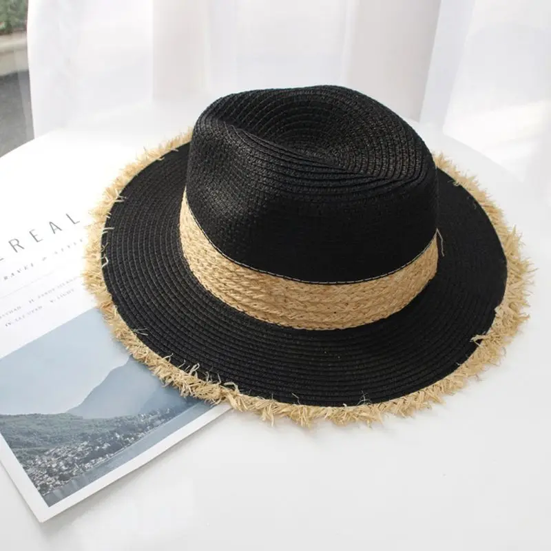 Женская летняя соломенная шляпа с бахромой кисточками контрастного цвета Лоскутная большая защита от солнечных лучей для пляжа каникулы